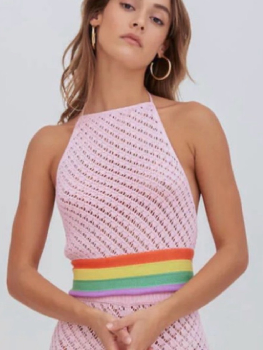 PISTULA crochet pink rainbow cropped halter festival summer vacation NWT sz S